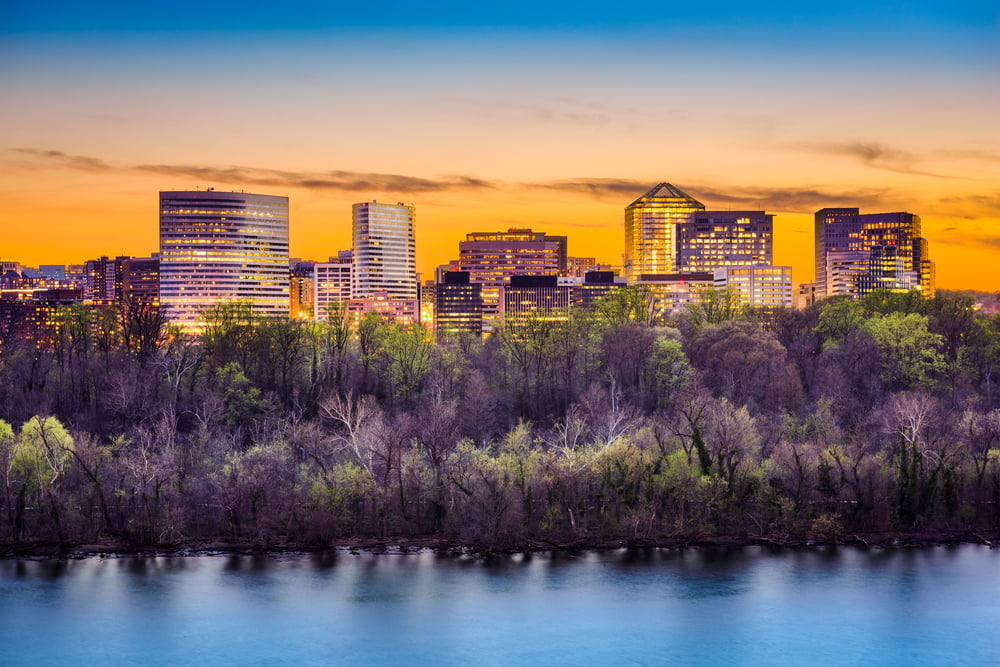 Rosslyn, Arlington, Virginia, USA city skyline on the Potomac River.